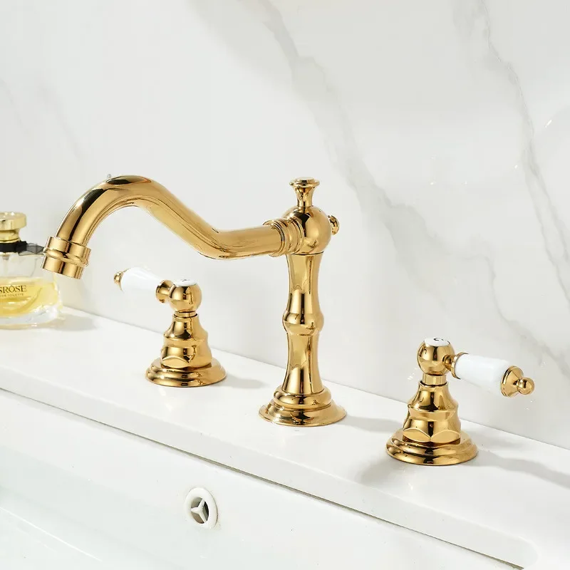 

Gold Bathroom Faucet Antique Basin Faucet Brass Chrome Sink Faucet 3 Hole Widespead Hot & Cold Wash Water Tap