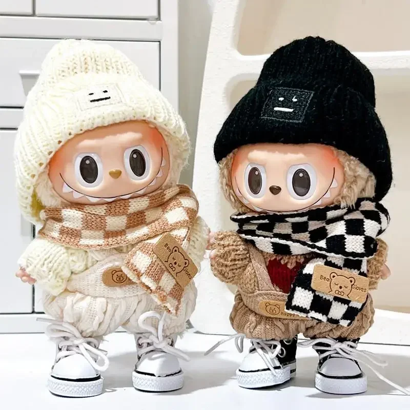 17cm Mini Doll'S Clothes Outfit Accessories For Korea Kpop Exo Labubu Idol V1 V2 Sweater plaid overalls scarf set Clothing Gift