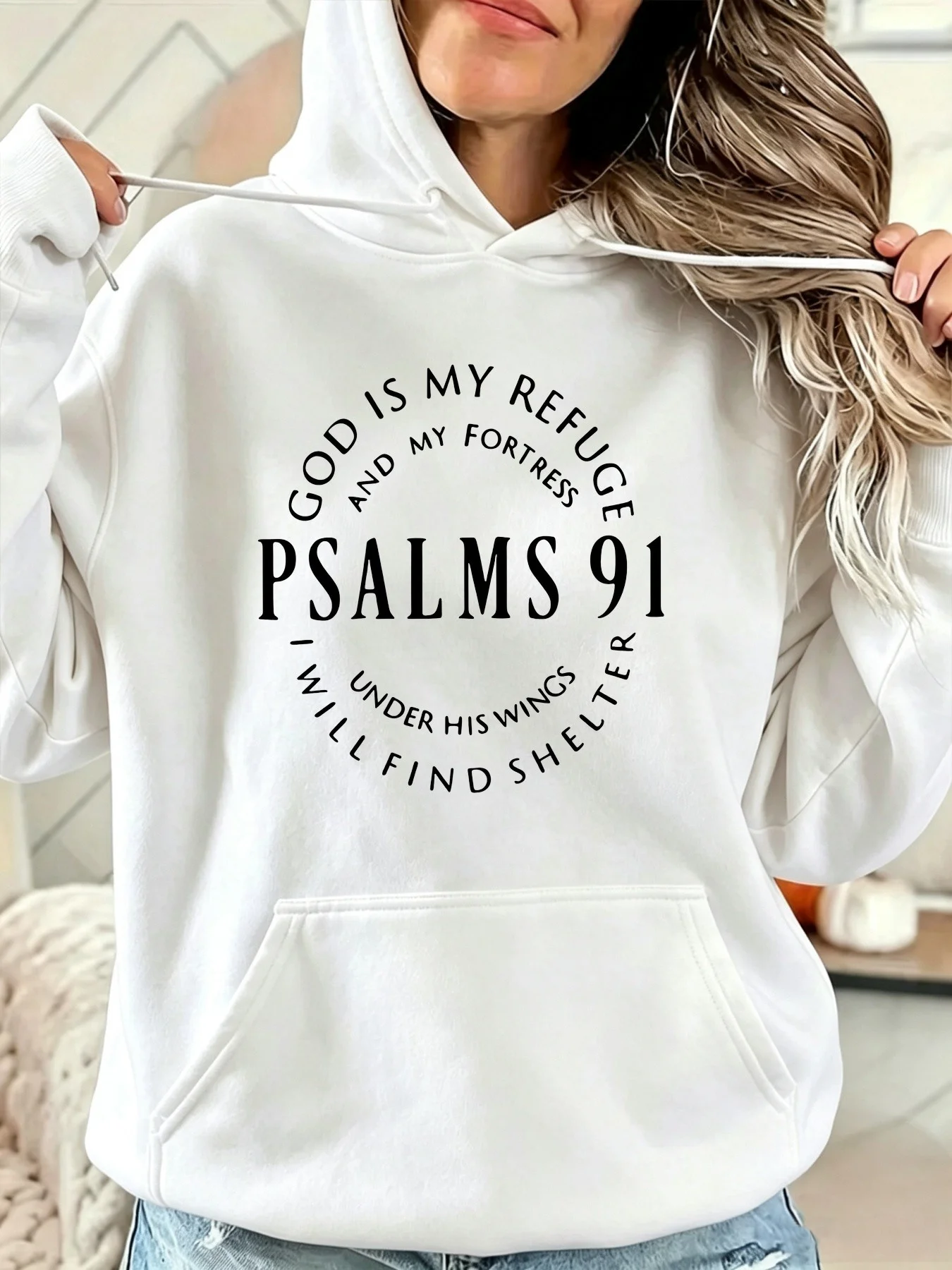 GOD IS MY REFUGE AND MY FORTRESS Hoodie Cozy Pullover with Circular Psalm 91 Text I WILL FIND SHELTER UNDER HIS WINGS Stylish Front Pocket Design Perfect for Casual Outings Paired Wit