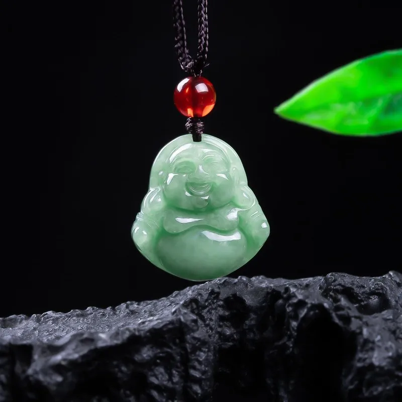 Positive Green Maitreya Pendant, Ice-Transparent Luminous Buddha Jade Amulet, Full of Blessings and Protective J