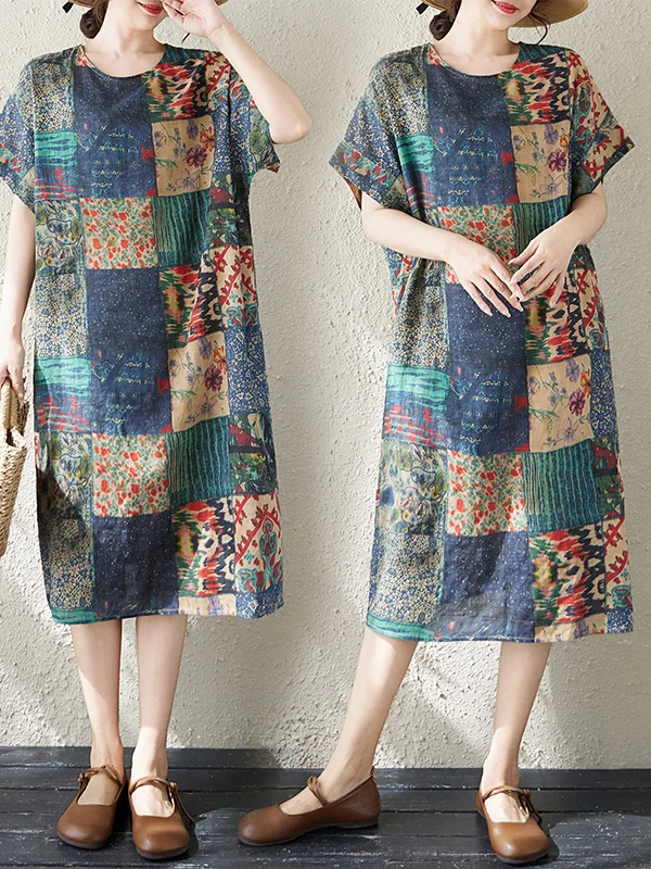 

Summer New plus Size Women's Cotton Linen Print Dress Knee-Length Short Sleeve Loose Fit Citywalk Artistic Style round Neck