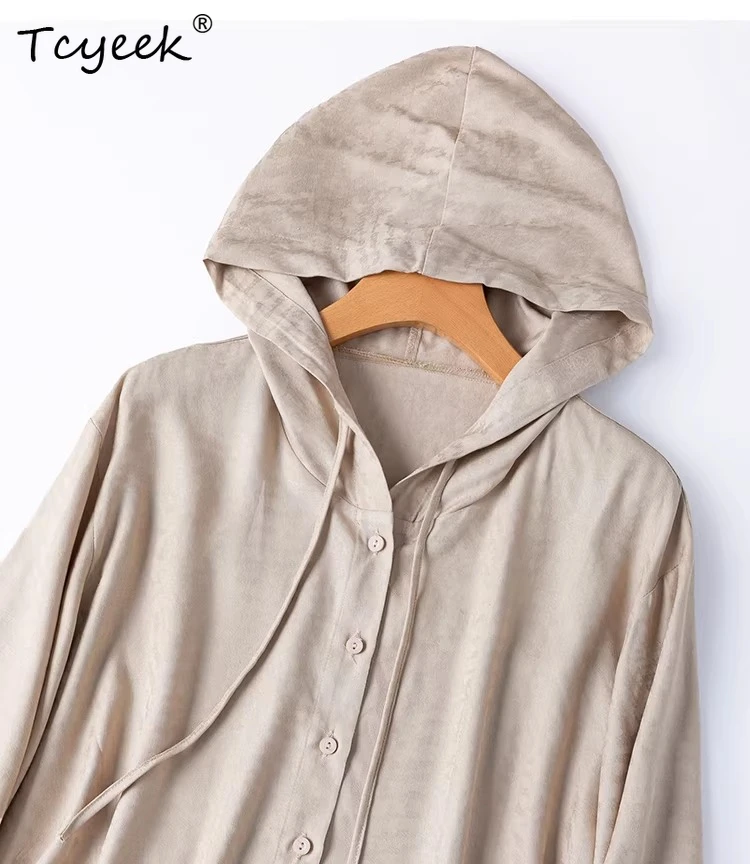 Tcyeek 100% Real Silk Womens Shirts  Long Sleeve Ladies Tops Elegant Shirt Fashion Summer Clothes Hooded 2026 Chemise Femme