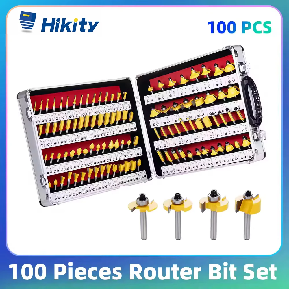 Hikity – Kit de 100 fraises à bois en carbure de tungstène avec tige de 1/4 pouce pour fraisage de surface