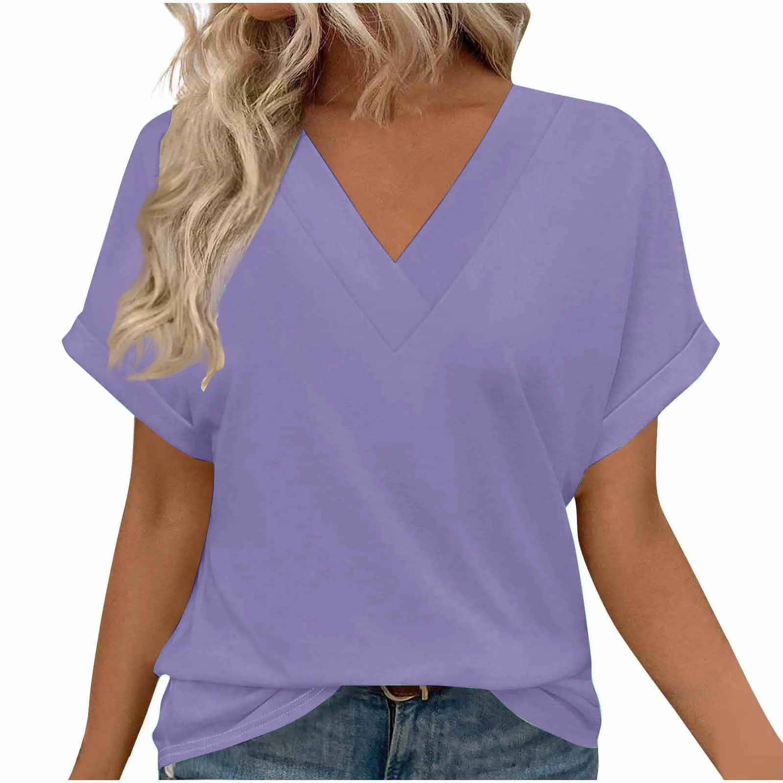 

2025 Spring and Summer New Women's Loose Large Size V-neck Solid Color Short-sleeved T-shirt