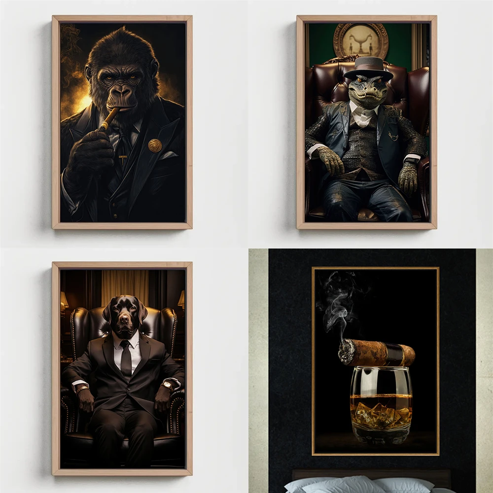 Boss Gorilla Canvas Print Poster Large Animal Wall Art Prints Suited Gorilla with Cigar for Office Wall Decor Office Wall Art