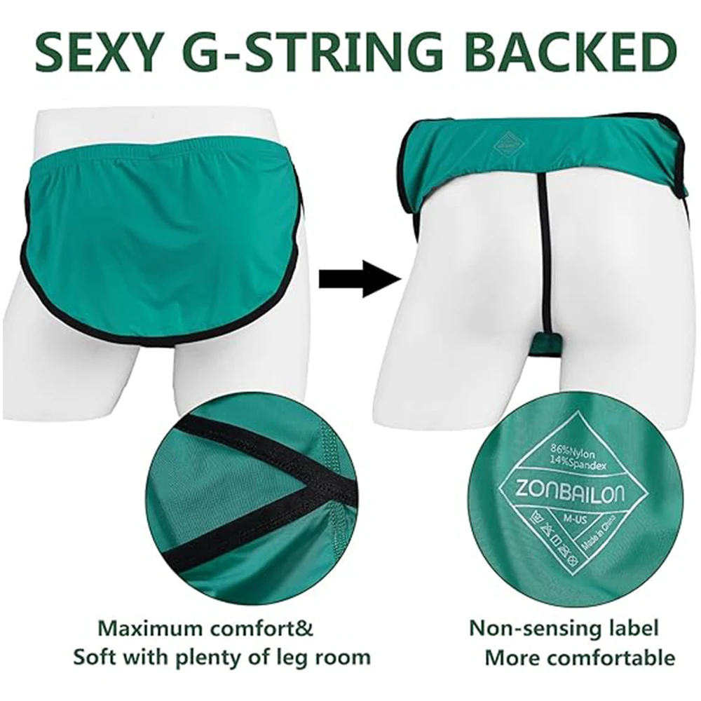 ZONBAILON Men's Boxers, G-String Backed Pouch Thongs with Skirting, Sexy Sleep Shorts Silky Pajama Underwear, Split Side