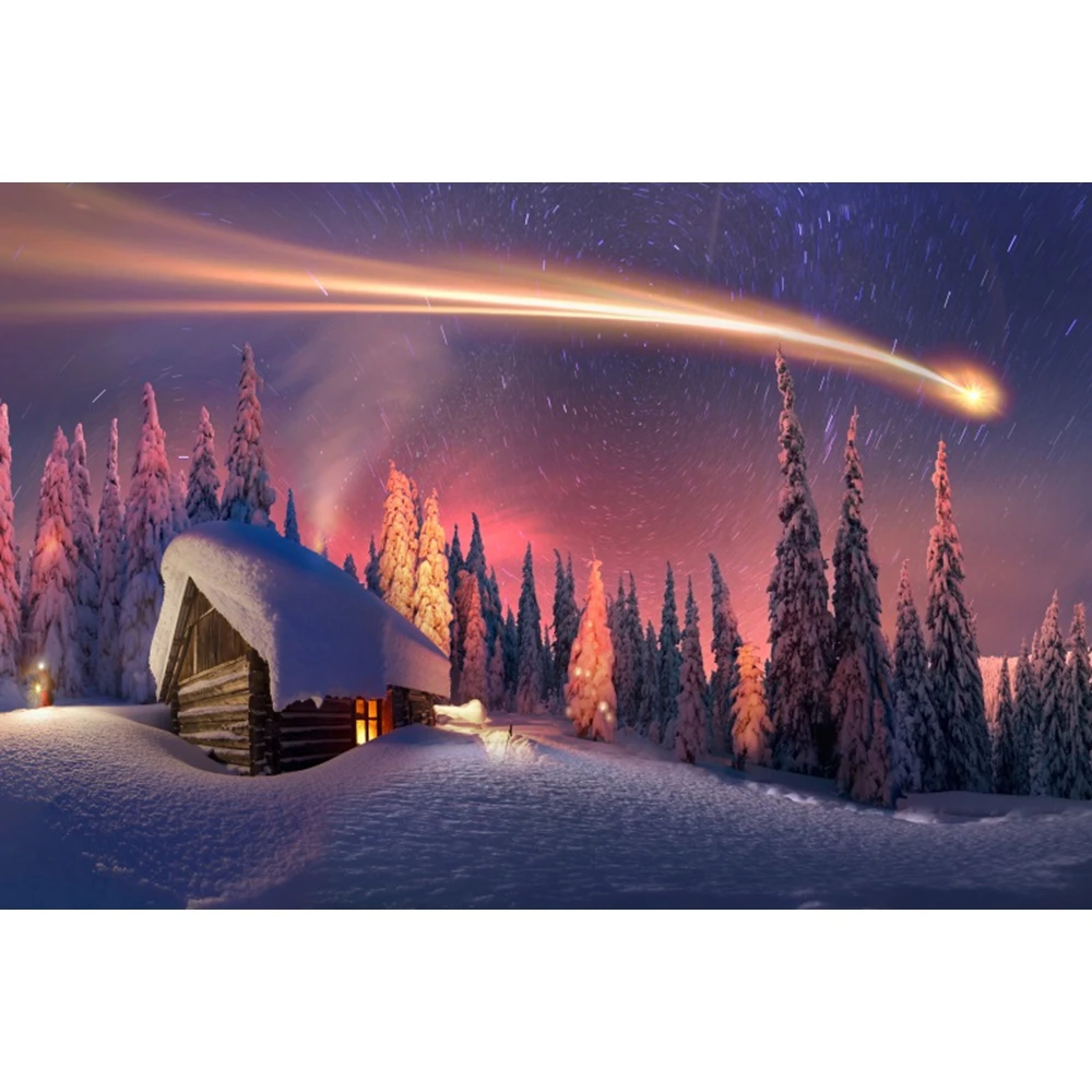 Winter Christmas Backdrop Starry Sky Moon Night Snowflake Pine Tree Forest Natural Scene Xmas kids Portrait Photo Background