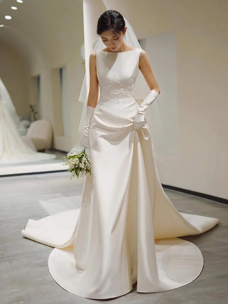 

Ele Satin Light Wedding Dr Simple High-End Luxury White Bal Gown Bridal Outfit Floor-Length Train for Wedding