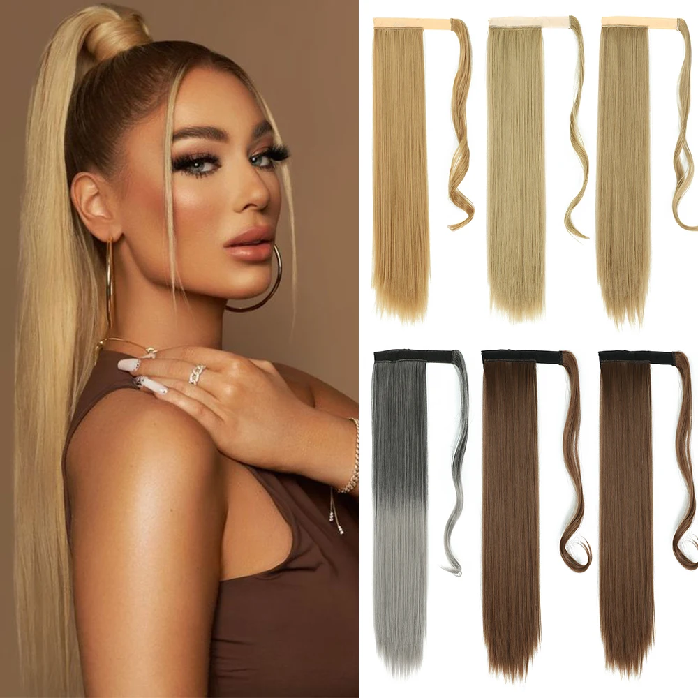 

22/32 inches Synthetic Ponytail Hair Extension Clip in Fake Wig Hairpiece Blonde Wrap Around Pigtail Long Smooth Overhead Pony T