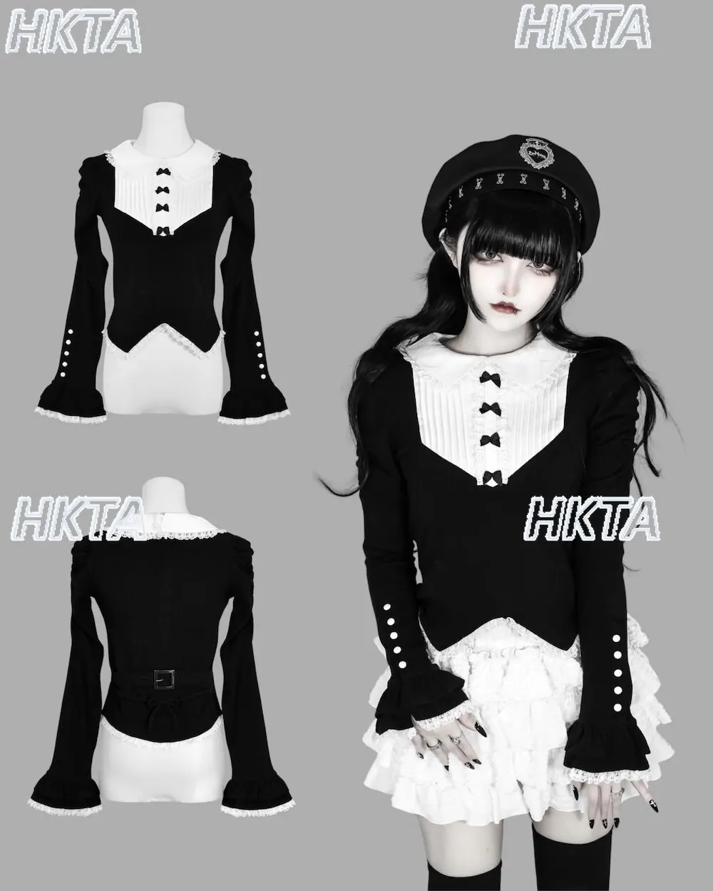 

Japanese Dark Goth Bowknot Collar Long Sleeve T-shirt Top Women Sweet Lace Trim Color Block Preppy Style Black and White Blouse