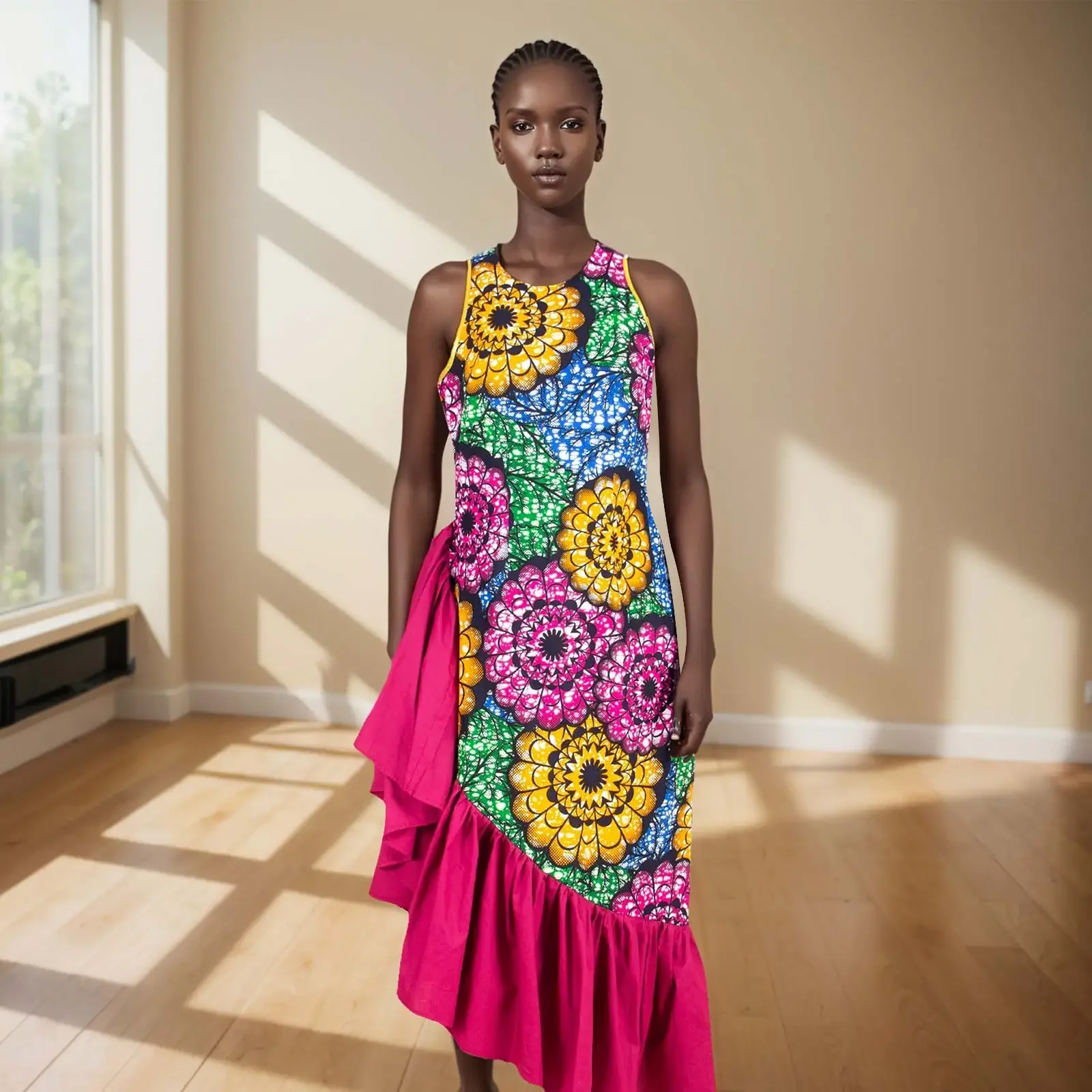 African Dresses for Women Elegant Fashion Flounced Edge High Waist Sleeveless Print Midi Dress Party Wedding Outfits A2125038