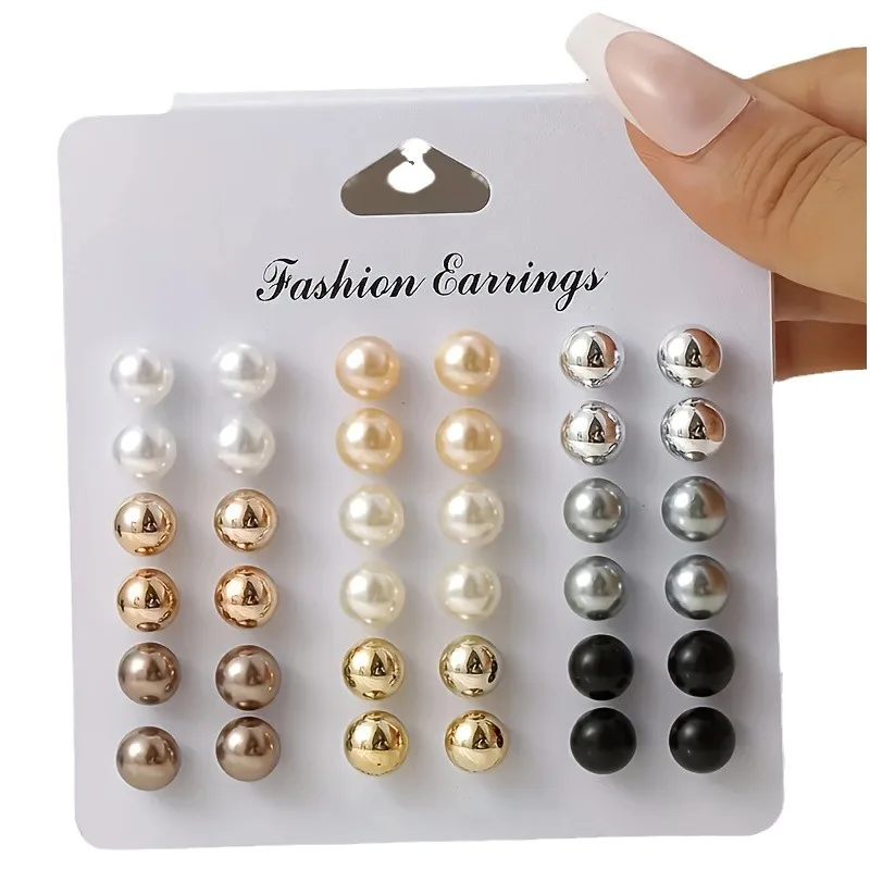 18 Pairs Elegant Multi-color Imitation Pearl Stud Earrings Korean Charm Ball Bead Earrings Women Trend Party Wedding Jewelry Set