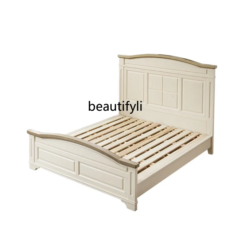 

Solid Wood American Double Bed Master Bedroom Marriage Bed King Bed High Box Arc French Cream Style White Furniture