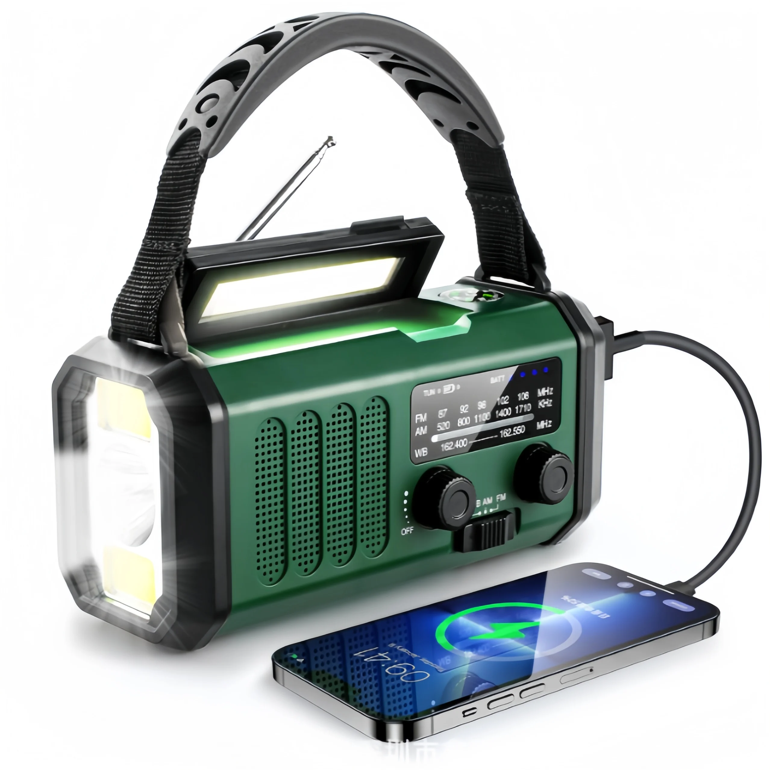 Radio d'urgence alimentée par manivelle avec lampe de poche lumière LED solaire USB SOS avertissement pour la survie en plein air