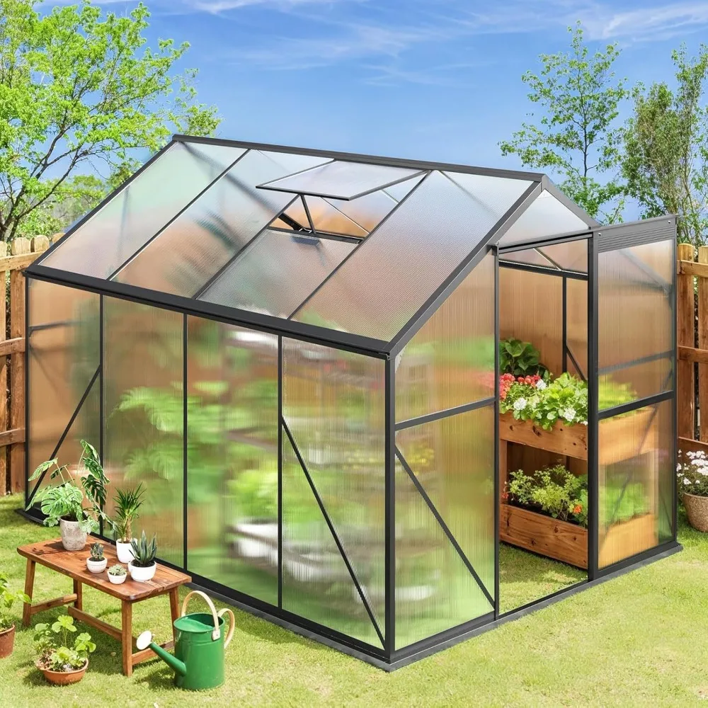 

Уличная теплица размером 8x6 футов от Gizoon: простая сборка из поликарбоната с регулируемым вентиляционным отверстием на крыше и раздвижной дверью, алюминиевая рама