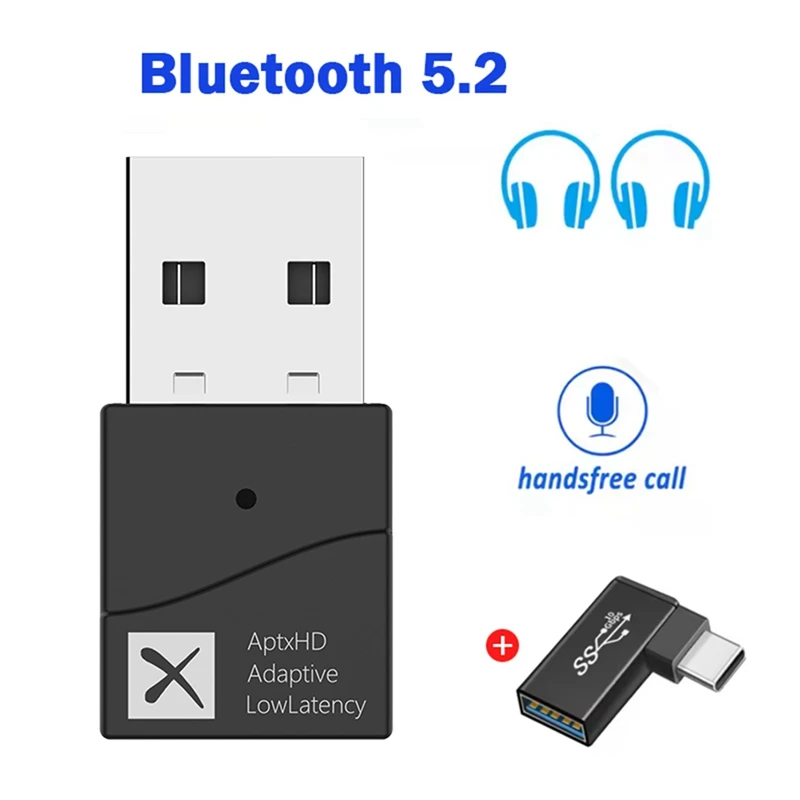 Bluetooth 5.2 Transmitter HD LL Low Latency Adaptive USB Wireless Audio Adapter Handsfree Call for /5 Notebook