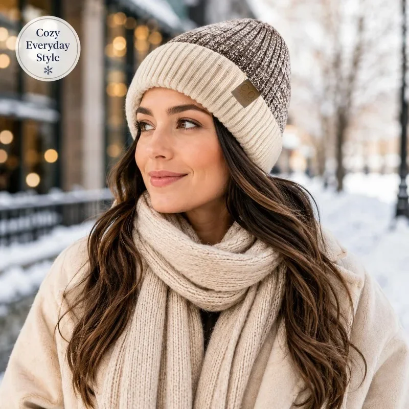 New Unisex Two-Tone Winter Hats Add Fur Lined Men and Women Fashion Warm Beanie Cap Casual Winter Knitted Hats