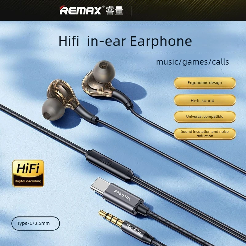 Transparent Hi-Fi Wired Earphones REMAX In-Ear Headphones with In-Line Mic for iPhone Android 3.5mm/Type-C for Gaming Music Call