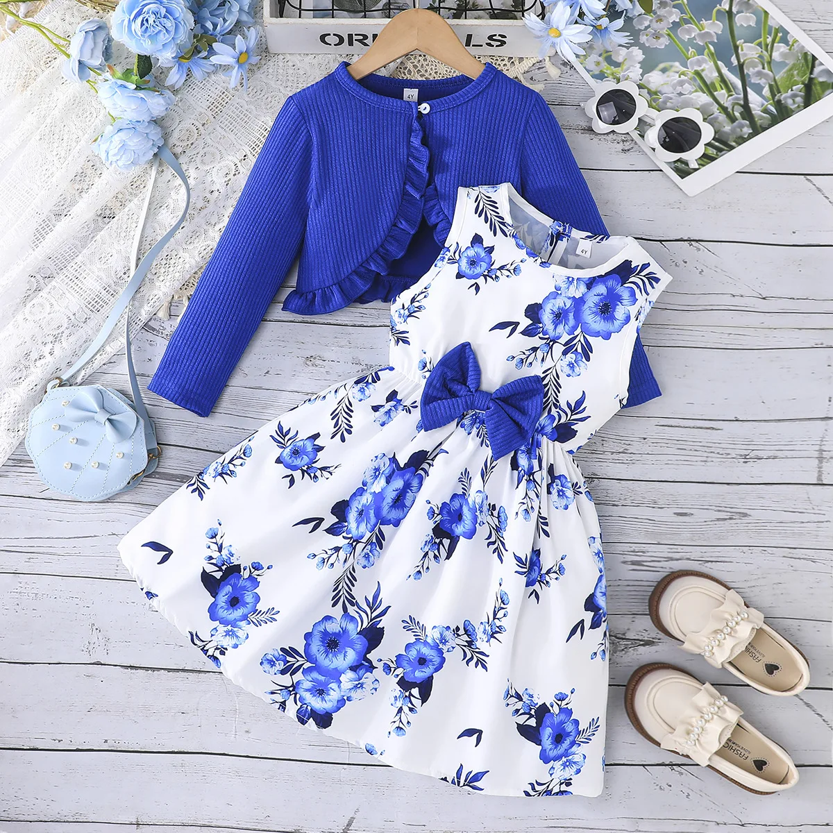 

2Piece Spring Autumn Little Girls Clothing Toddler Dress Fashion Flowers Print Sleeveless Baby Dresses+Coat Kids Clothes B023