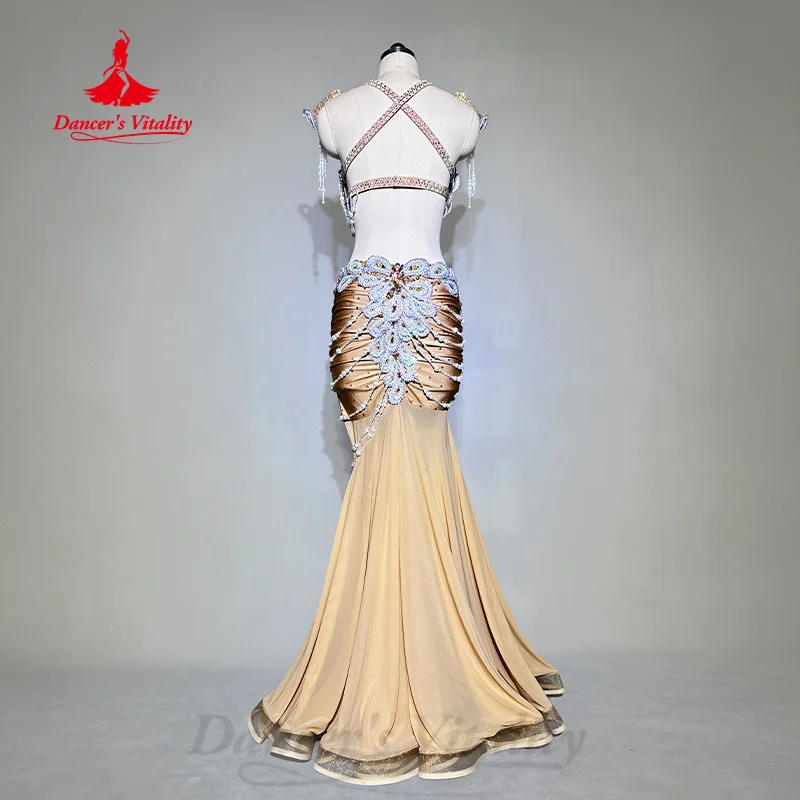 BellyDance Costume Customized High End Luxury Diamond Bra+Sexy Hip Wrap Fishtail Skirt 2pcs Oriental Dance Performance Costumes