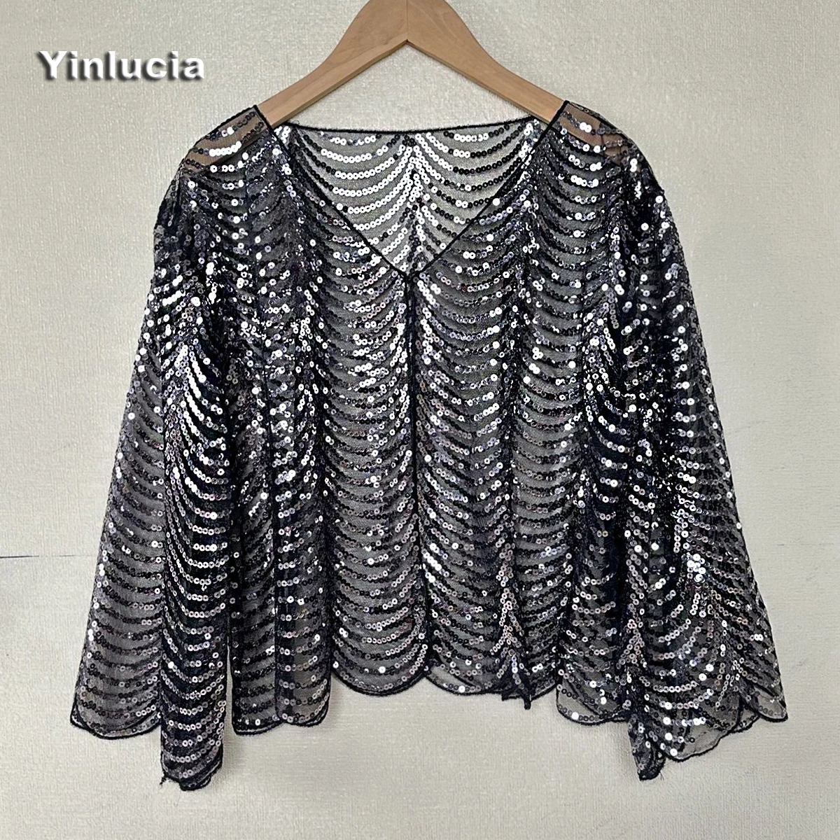 Shiny Sequins Cardigan Mesh Top Coat Wave Perspective Jacket Sexy V Neck Blouses Women Party Focus Hot Babes Summer Club New