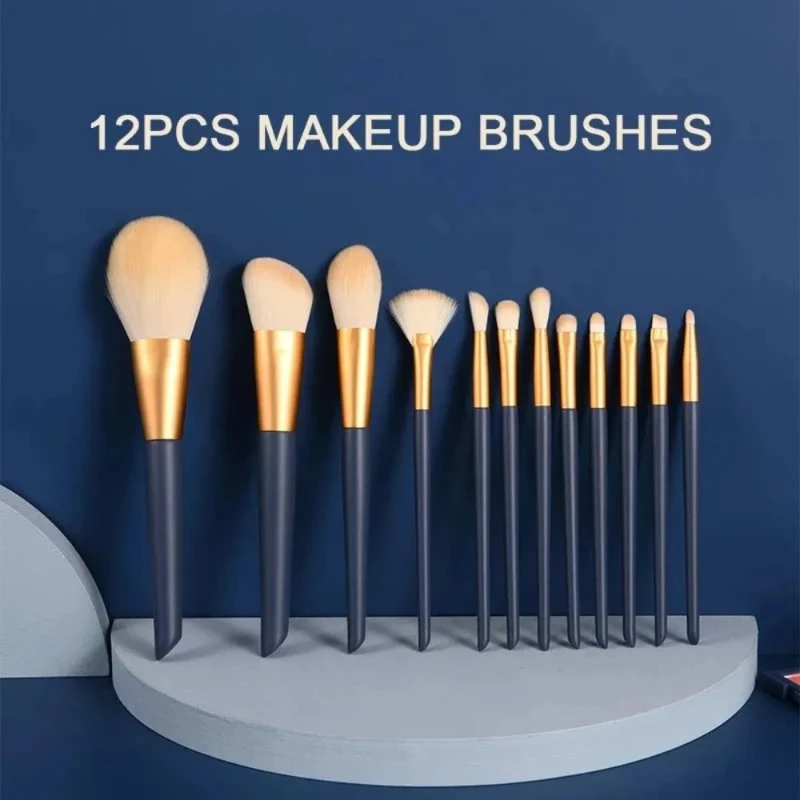 12 個のプロフェッショナルな合成メイクブラシセット、バッグ付き、ファンデーションの完璧な塗布に最適、輪郭メイクブラシツール