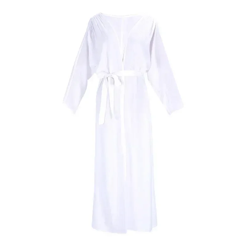 Robe de plage blanche à manches longues pour femmes, maillots de bain décontractés, cardigan de natation, vêtements de vacances d'été