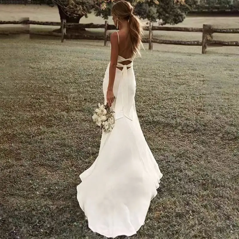 Elegant Spaghetti Straps Light Wedding Dress Satin High Split Backless Small Train A-line Woman Bridal Dresses 2025 Custom