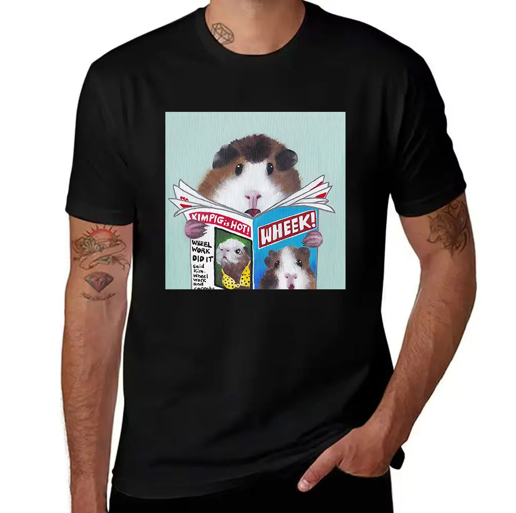 Men's Cotton T-Shirt Funny Guinea Pig Reading Newspaper Graphic Tee Casual Novelty Animal Print Top