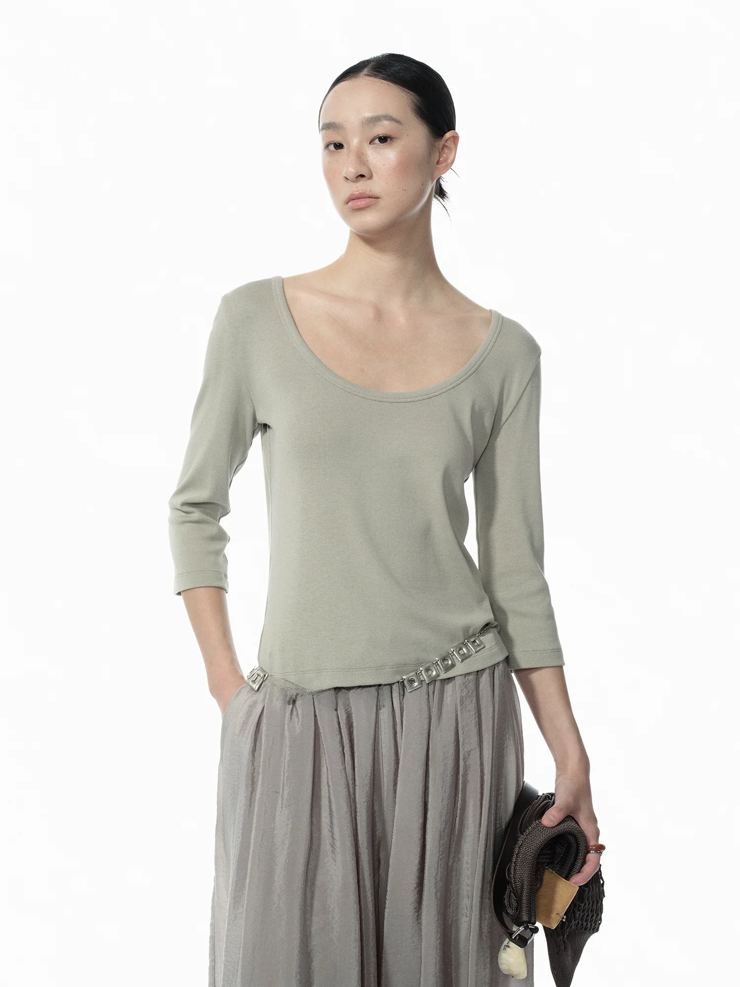 

Molin Clean Fit Mixed Fiber T-irt Women's U-Ne Svel Seven-Quarter Length Korean Sle Commute Pure Color Summer Top