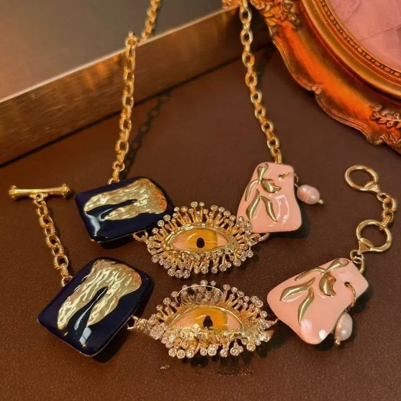 

Серьги от сглаза для женщин, гипербола, роскошная глазурь, элегантный комплект ювелирных изделий в дворцовом стиле, ретро Aretes De Mujer, комплект ожерелья и браслетов