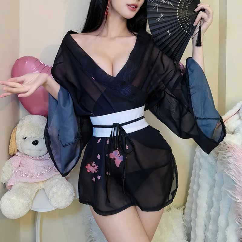 Erotic Japanese Kimono Set See-through Bathrobe Dress Sexy Geisha Lingerie Printing Pajamas Fashion Women Passion Nightwear 2025