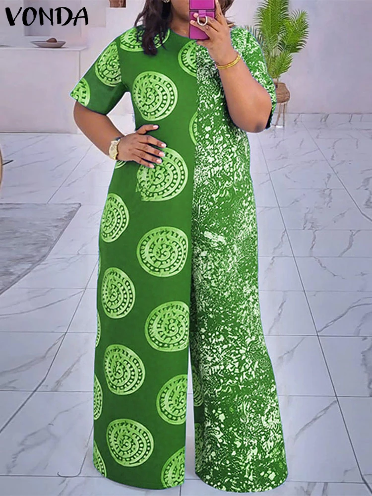 

Plus Size Women Summer Jumpsuits Vintage Patchwork Playsuits VONDA 2025 Printing Wide Leg Overalls Casual Bottoms Loose Clothes