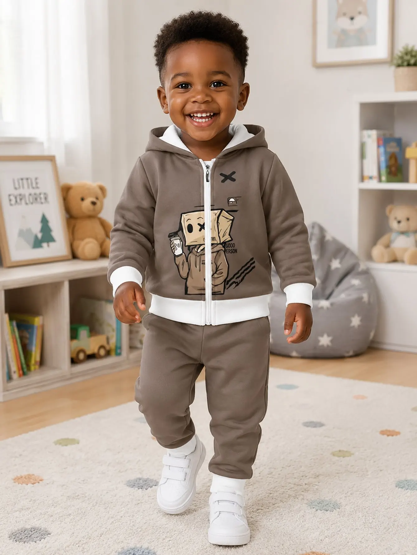 Hooded Zip Up Loose Sweatshirt Pants Set Dinosaur Cartoon Print Gray Brown Long Sleeve Crew Neck Loose Fit Boys Fall Winter New