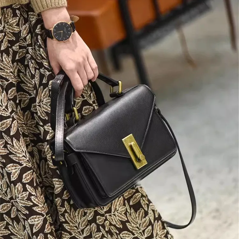 

Casual and high-quality natural genuine leather female black handbag daily outdoor work weekend cowhide shoulder diagonal bag