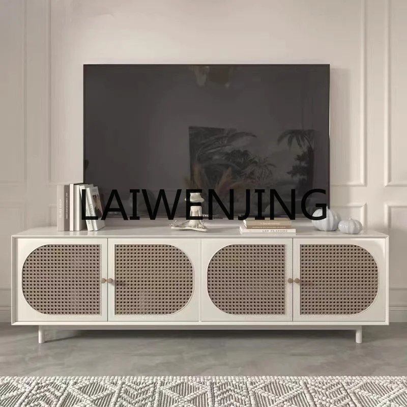 

French Solid Wood TV Cabinet Modern Minimalist Cream White Living Room Rattan Decorative Glass Floor Cabinet