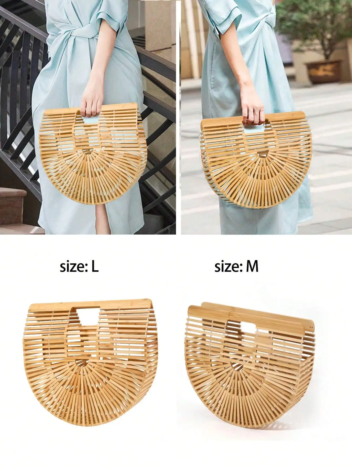 

1pc Spring/Summer Trendy Handwoven Half Circle Bamboo Basket, Outdoors Ladies' Beach Tote, Large Capacity Hollowed Bamboo Carrie