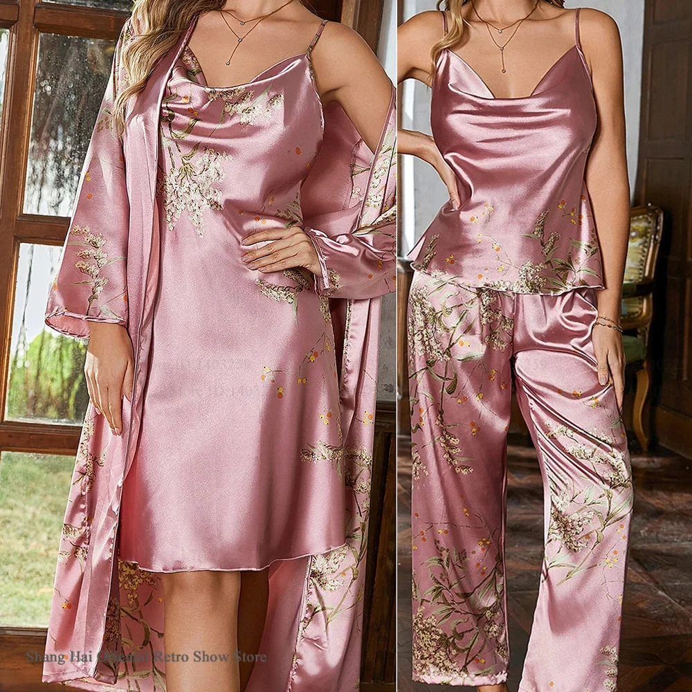 

Ледяной шелк женский халат из 4 предметов пижамный комплект одежда для сна с принтом вишневый халат ночная рубашка брюки пижамный костюм свободная домашняя одежда домашняя одежда