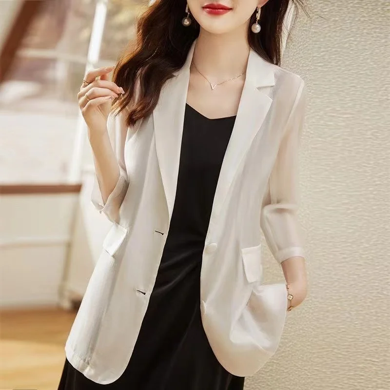 Women Blazer Fashion Spring Summer Three-Quarter Sleeve Thin Suits Jacket 2024 New Ladies Casual Work Blazers Coat Female Tops