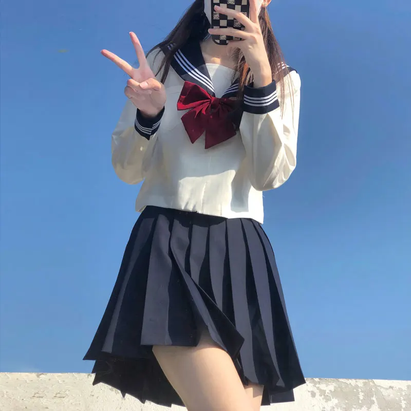 White 3 Striped Basic Sailor Outfit Japanese School Girl Uniform Seifuku Student Girls Cos Costume Women JK Pleated Navy Skirt