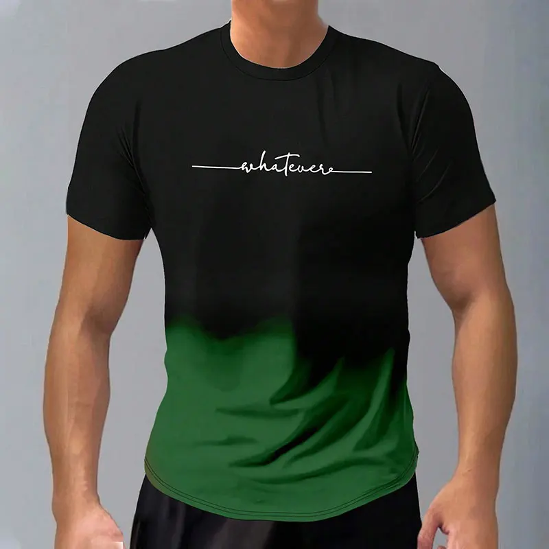 Casual Men\'s Trendy Short-Sleeved Gradient Letter Printed Round Neck T-Shirt Clothing Spring And Autumn Fitness Sports Tops