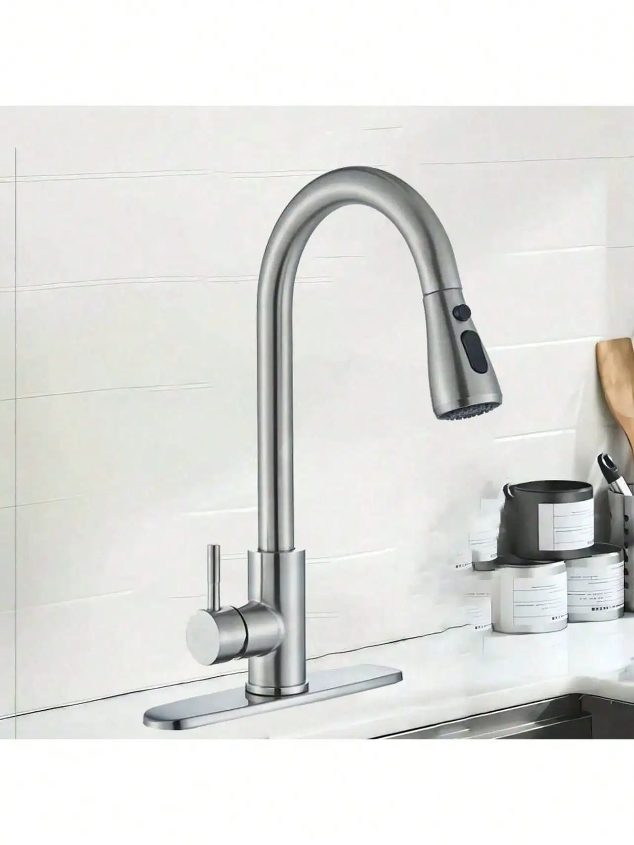 Kitchen Faucet With Pull-Down Spray Single Handle High Arc Commercial Stainless Steel Brushed Nickel Kitchen Sink Faucet With Deck Suitable For Bar Laundry RV Farmhouse