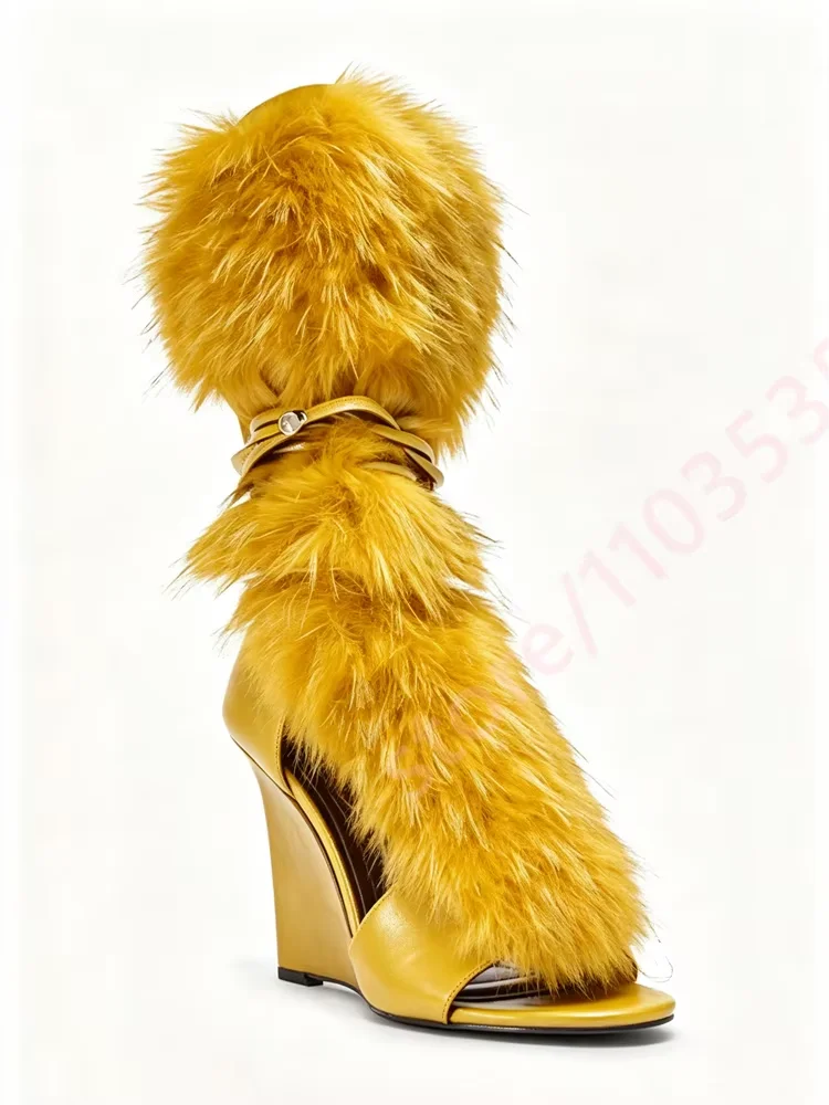 Sandalias de tacón alto con cuña y pelo para mujer, sexy, con punta abierta y correa al tobillo, novedad 2026, botines de moda para fiesta, club y vestido de noche