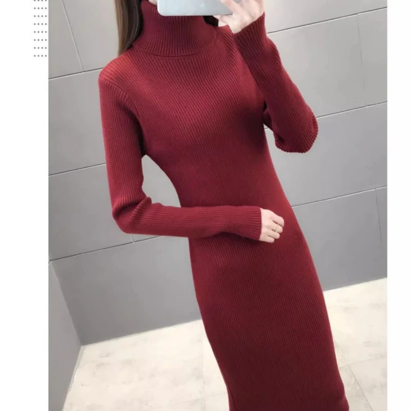 2024 New Autumn Winter Women Knitted Dresses Slim Elegant turtleneck Stretch Long-sleeved Sexy Bottoming Knit Pencil Dress