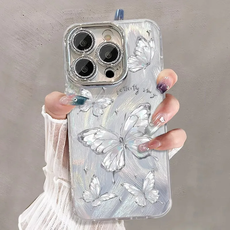 Luxury Laser Silver Butterfly Phone Cases for iPhone 16 Pro Max 11 12 13 14 15 Pro 7 8 Plus XSMax X XR Goggles Shockproof Cover