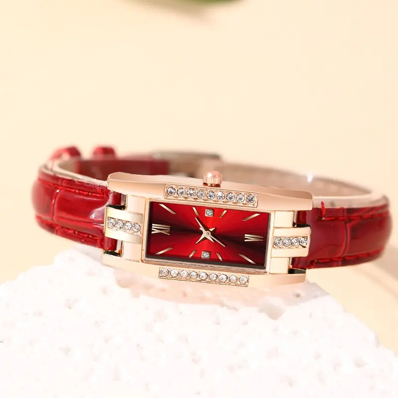 6PCS Set Fashion Women Rectangle Watches Ladies Dress Red Leather Quartz Watch Womens Necklace Earrings Bracelet Wrist Watch