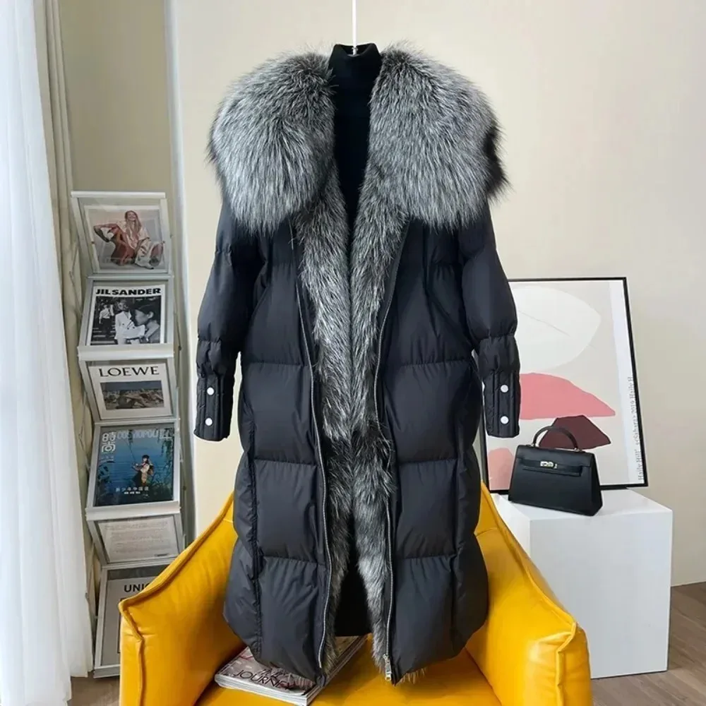 2024 Women Winter Big Real Silver Fox Fur Collar 90% White Duck Down Jacket Long Thick Warm Luxury Parka Female Outwear