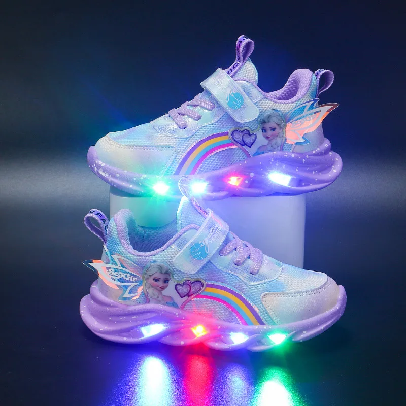 Disney Cartoon Frozen 2 Girls Casual Shoes LED Light Up Sneakers Elsa Princess Shoes Baby Toddler Shoes Girl Birthday Present