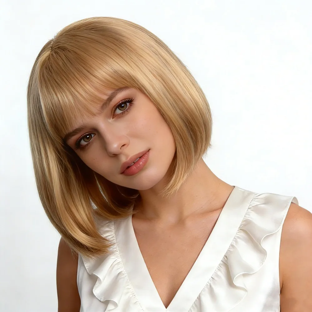 Wig Women's Gold Short Straight Hair Split Bob Straight Hair High-temperature Silk Synthetic Hair Button Net Cover Wig Ladies