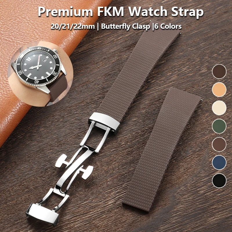 Premium FKM Rubber Watch Strap 20/21/22mm Waterproof Replacement Band Quick Release Anti-slip Texture Butterfly Clasp Bracelet